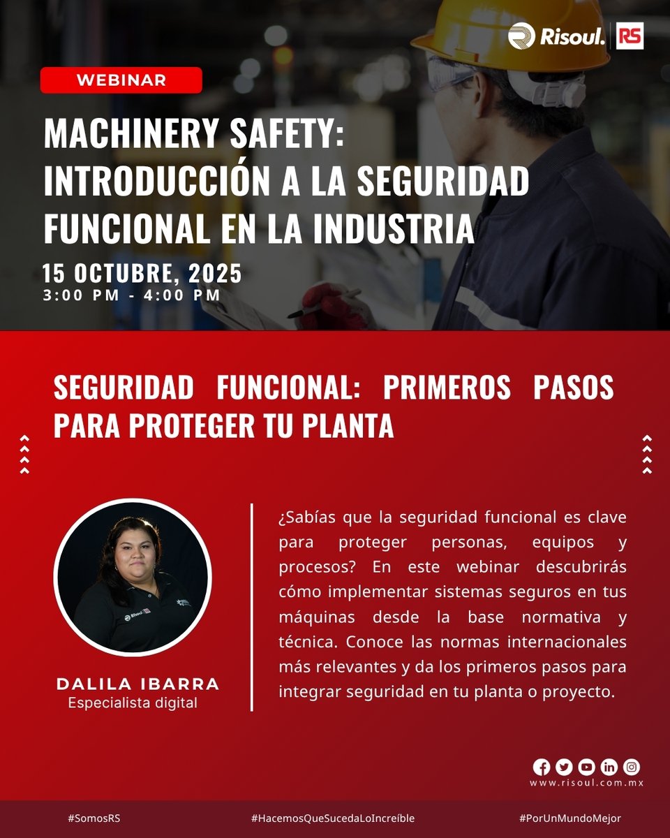 Participa en nuestro webinar y fortalece la seguridad en tus procesos, descubre cómo implementar sistemas seguros en tu industria: abordaremos ISO 13849, NOM-004-STPS-2020 y más 

¡Regístrate ahora! hubs.la/Q03N0Q5_0

#SomosRS #HacemosQueSucedaLoIncreíble #PorUnMundoMejor