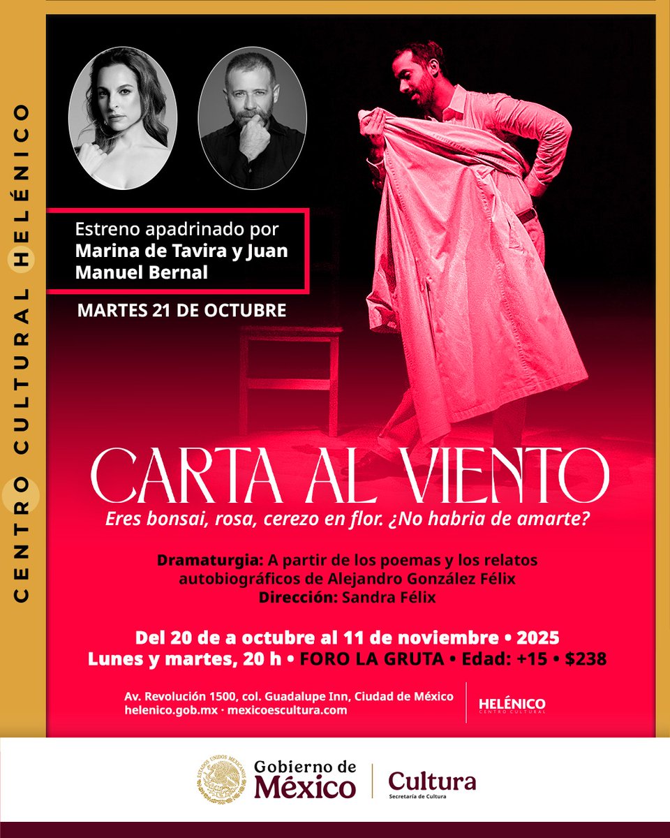 📨🌬️Estamos por estrenar  “Carta al viento” y contará con dos padrinos de honor: Marina de Tavira y Juan Manuel Bernal.

Es más que un monólogo. Es una crónica que recoge los fragmentos de una vida marcada por la resistencia, el amor y una poesía que sana como ninguna otra sería