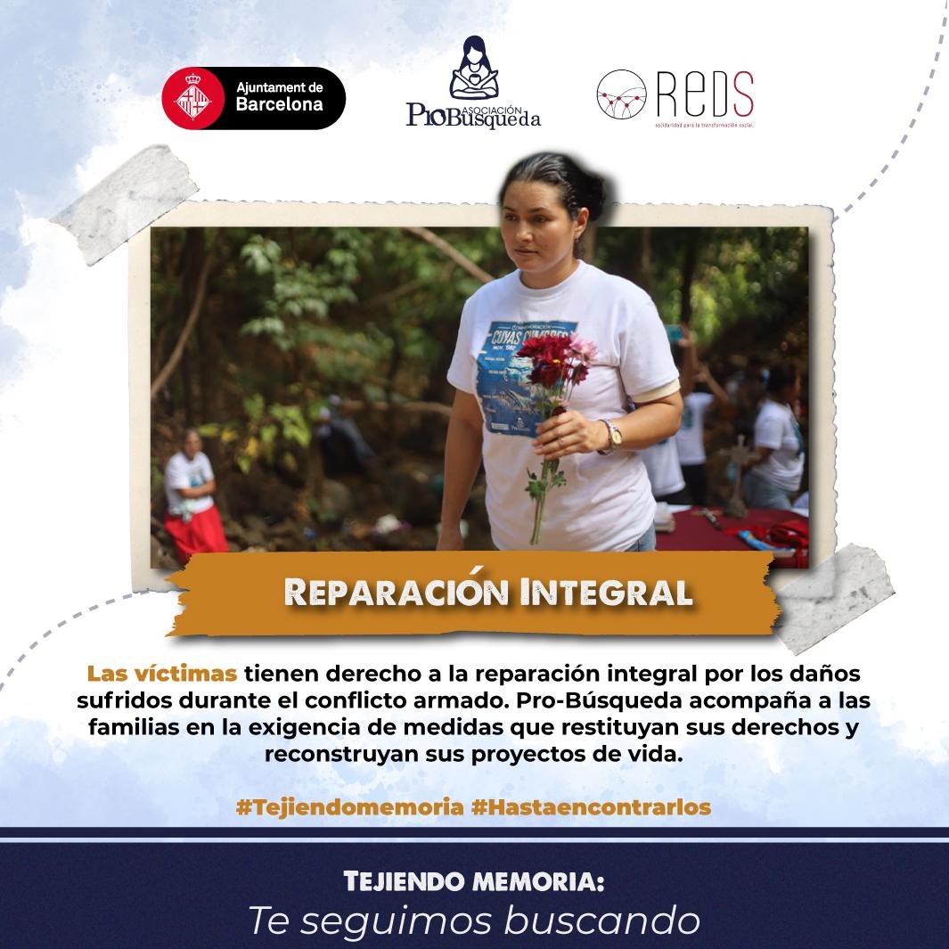 REPARACIÓN INTEGRAL no es una opción, ¡es un DERECHO INALIENABLE! ✊

Las víctimas del conflicto merecen la restitución de sus derechos y la reconstrucción de sus vidas.

Pro-Búsqueda apoya esta exigencia y lucha por la Verdad, Justicia y Reparación.

#Tejiendomemoria