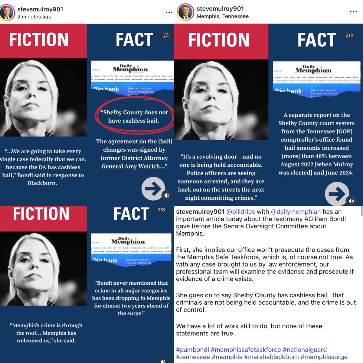 “None of these statements are true.”

MEMPHIS DA <a href="/SteveMulroy901/">Steve Mulroy</a> FACT-CHECKS <a href="/AGPamBondi/">Attorney General Pamela Bondi</a>’s sworn testimony before Congress. 

His post (with Spandau Ballet soundtrack 🎵): instagram.com/p/DPmv-WKEilG/…