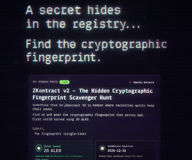 We just launched ZKontract v2

• Full on-chain escrow integration
• Better verification + smoother UX

To celebrate, we’re hosting a scavenger hunt
There’s a hidden secret tied to this release first to find it earns 20 $ALEO.
zkontract.app

Good luck, zk hunters