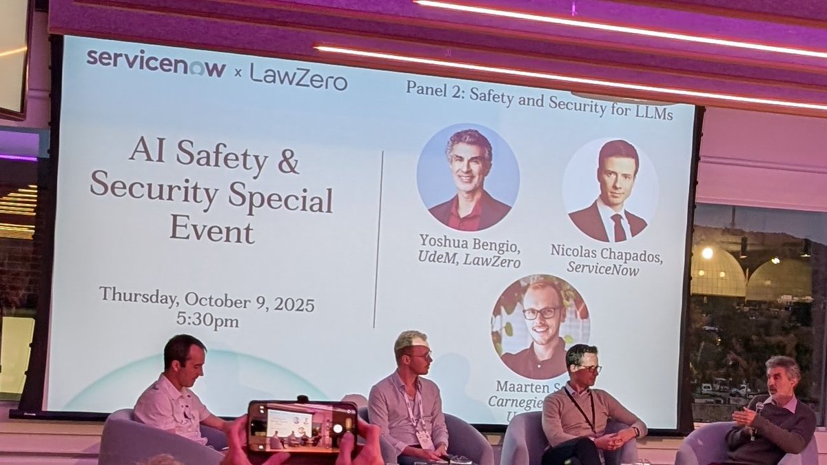 sivareddyg's tweet image. Two power packed panels on AI Safety and hundreds of audience at @ServiceNowRSRCH, Montreal. #COLM2025

Topics covered:
Open source and safety 
Safety as a system vs standalone
Deceptiveness
Chain of thought faithfulness
Sandbagging
Emergent misalignment with fine-tuning
User…