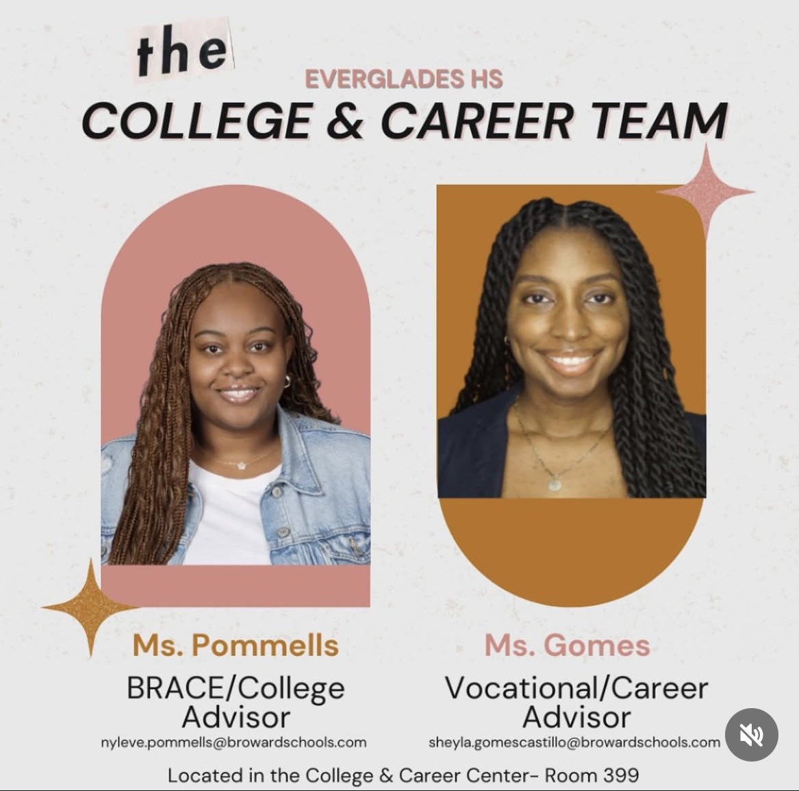 MsRoman22's tweet image. Meet the Everglades High School College and Career Team!

Students- need assistance navigating your future plans? Visit them for personalized support.
Ms. Pommells (College advising)
Ms. Gomes (Career advising)
⭐️ Located in room 399⭐️

#WelcometotheSwamp #BrowardSchools