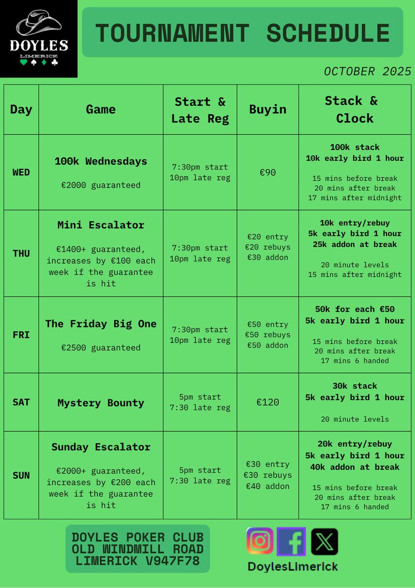 October tournament schedule for Doyles Poker Club Limerick #pokerinlimerick #limerickpoker #munsterpoker #irishpoker #grassrootspoker