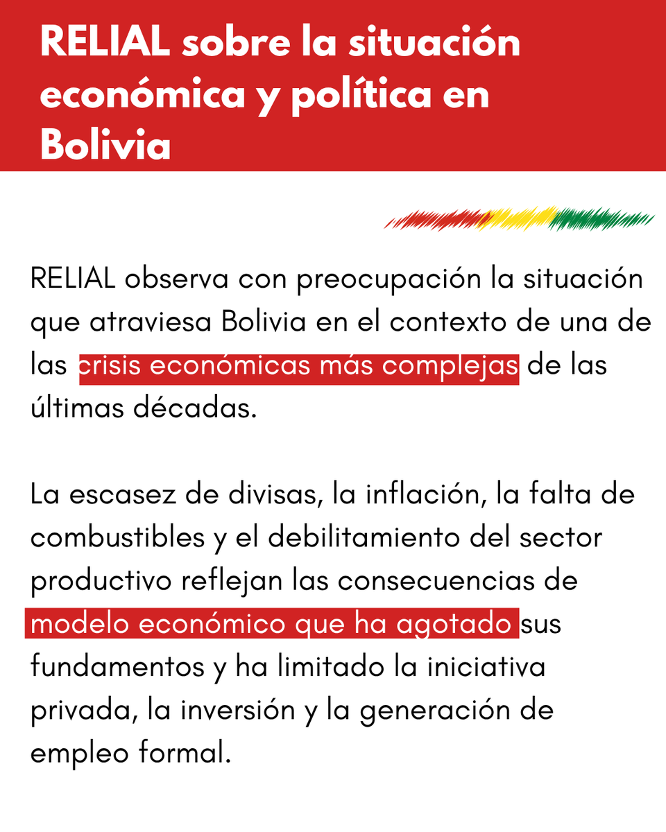 RELIALred's tweet photo. 🇧🇴Bolivia enfrenta una de las crisis económicas más profundas de las últimas décadas.
Escasez de divisas, inflación y un Estado sobredimensionado reflejan el agotamiento de un modelo que limitó la libertad económica y debilitó las instituciones. En vísperas de la segunda vuelta, RELIAL llama a reflexionar sobre el rumbo del país y a respaldar un liderazgo responsable, comprometido con la democracia liberal, el Estado de derecho y la economía de mercado.