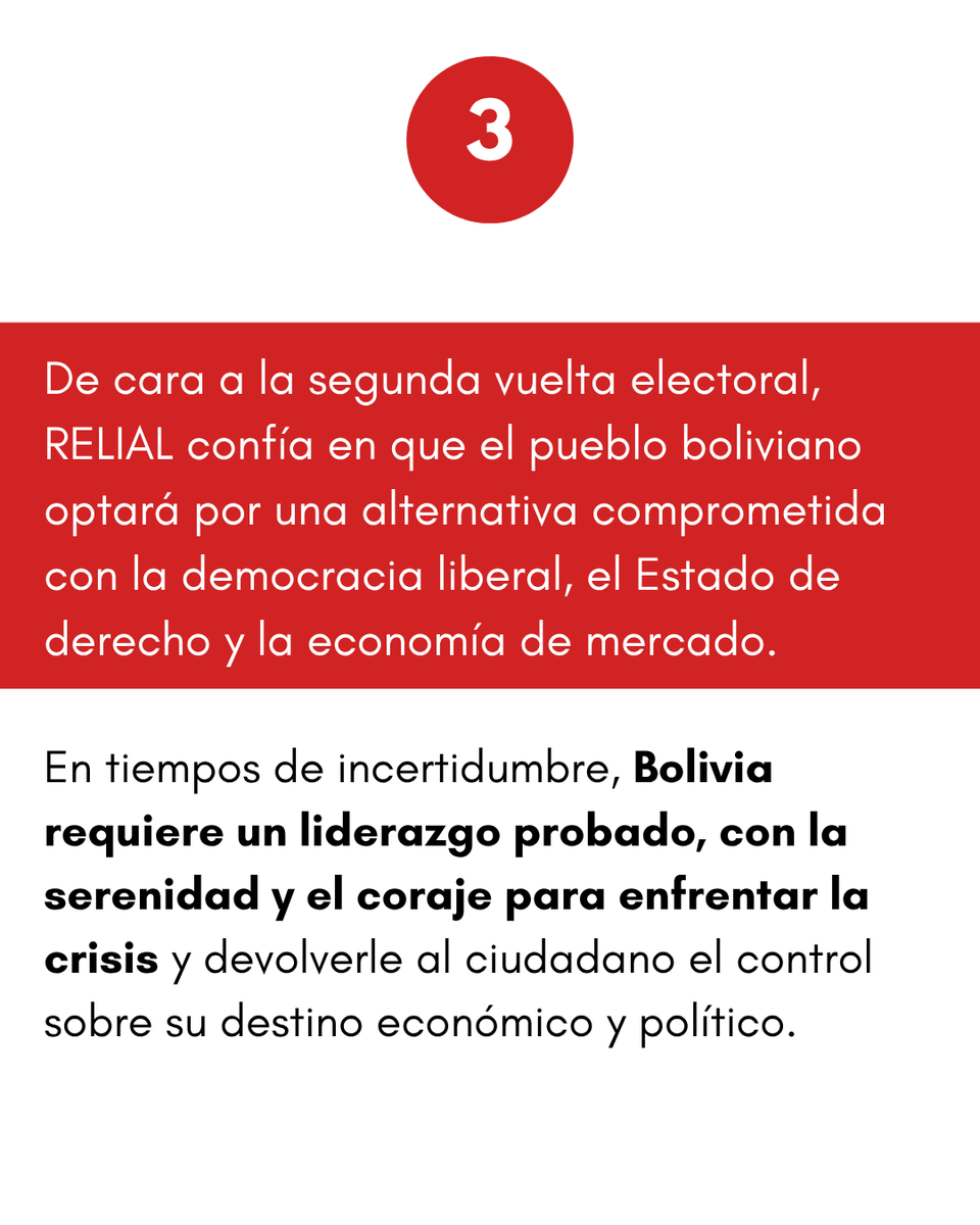 RELIALred's tweet photo. 🇧🇴Bolivia enfrenta una de las crisis económicas más profundas de las últimas décadas.
Escasez de divisas, inflación y un Estado sobredimensionado reflejan el agotamiento de un modelo que limitó la libertad económica y debilitó las instituciones. En vísperas de la segunda vuelta, RELIAL llama a reflexionar sobre el rumbo del país y a respaldar un liderazgo responsable, comprometido con la democracia liberal, el Estado de derecho y la economía de mercado.
