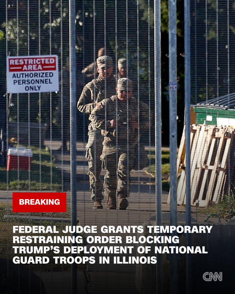 CNNPolitics's tweet image. A federal judge has granted a temporary restraining order blocking President Donald Trump's deployment of National Guard troops in Illinois cnn.it/4h7lOG8