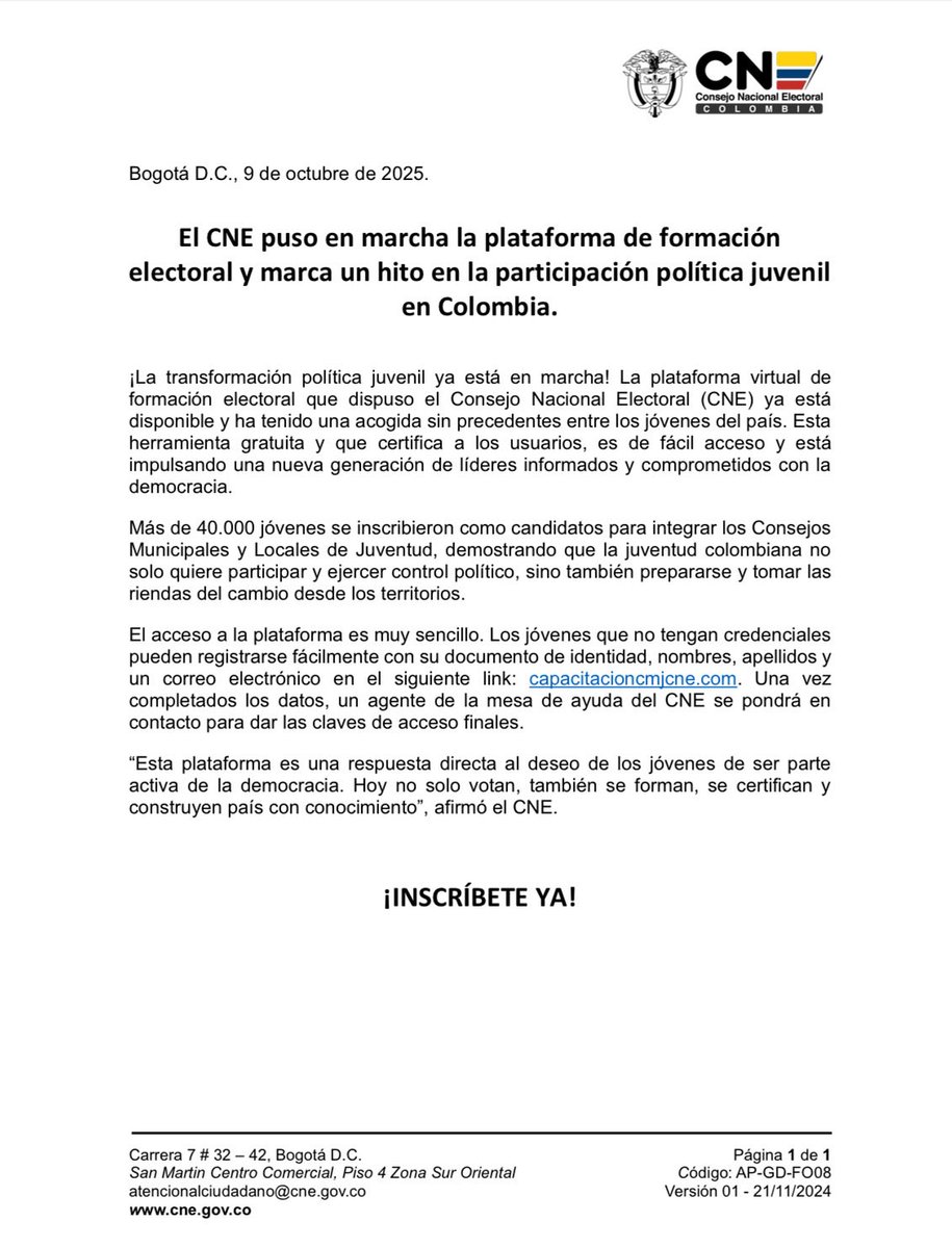 El CNE puso en marcha la plataforma de formación electoral y marca un hito en la participación política juvenil en Colombia.