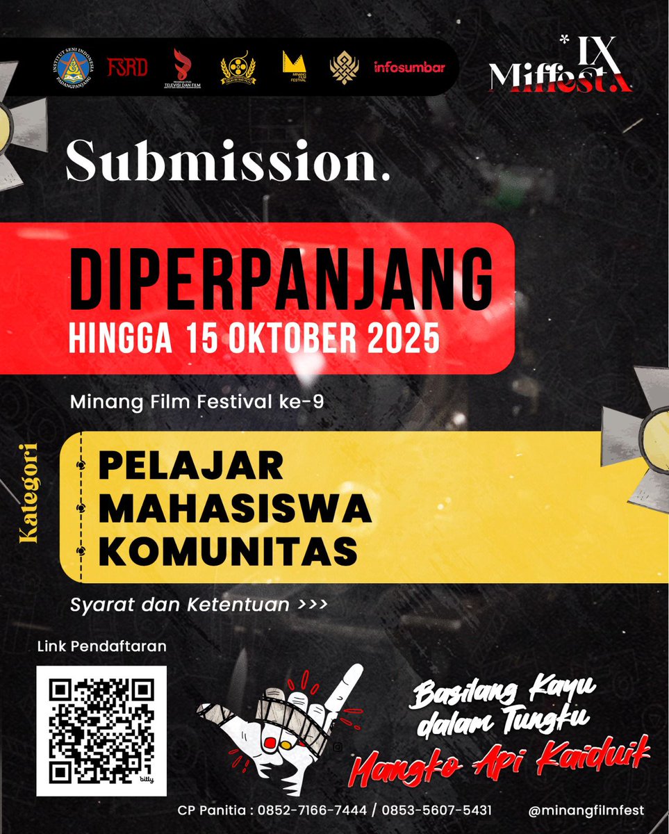 Mifest9's tweet photo. Info terbaru🔥🔥
Miffest masih ada perpanjangan waktu nih guys. Jadi buat kalian yang belum submit karyanya buruaannn submit sebelum terlambat🥳💪
#MinangFilmFestival #festival #festivalfilm #infofestival #shortfilm #filmpendek #festivalfilmindonesia #sineasindonesia https://t.co/i5FBJM8nMu