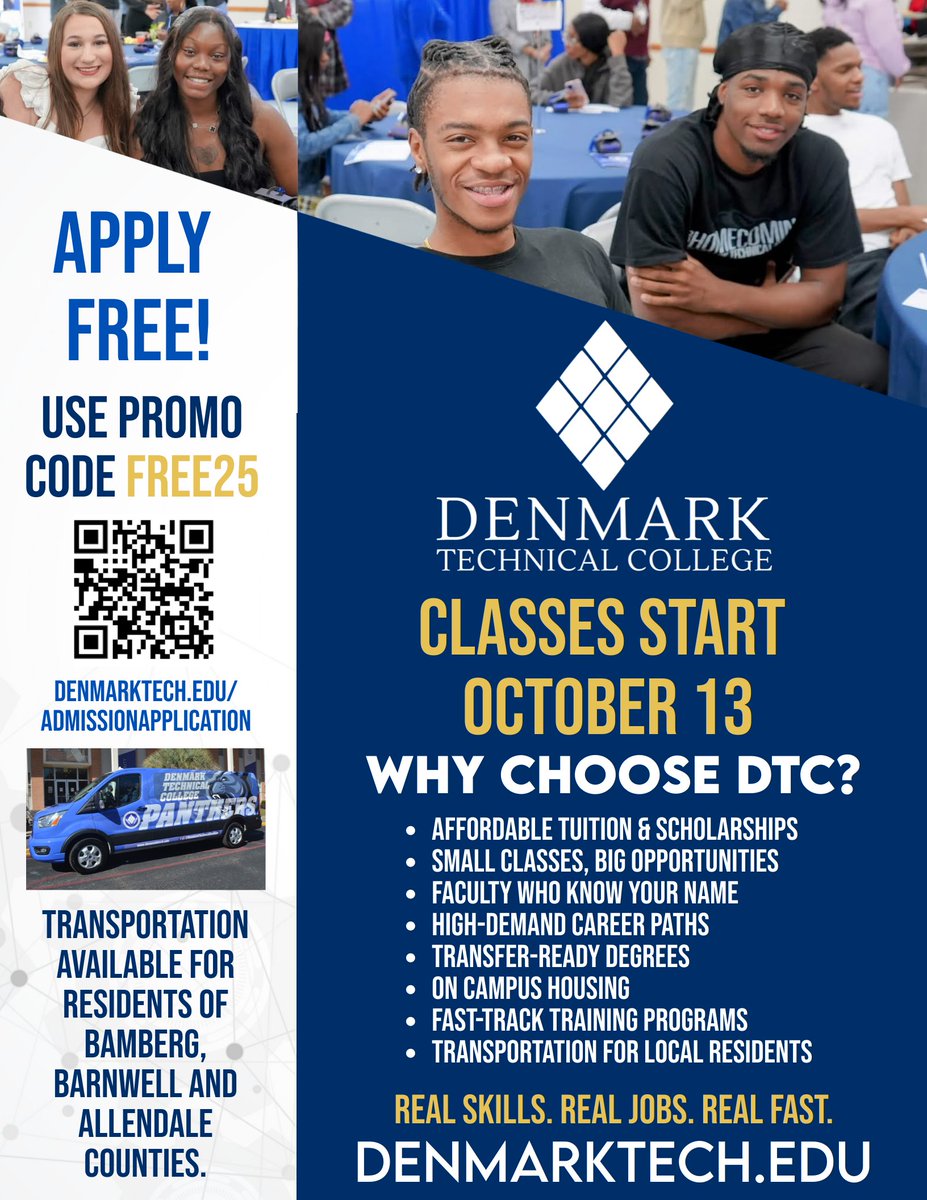 Don’t wait another semester to begin. Apply today. Start Monday. Our next 8-week session begins October 13. Use code FREE25 to waive your fee and fast-track your future.www.denmarktech.edu/admission-appl…