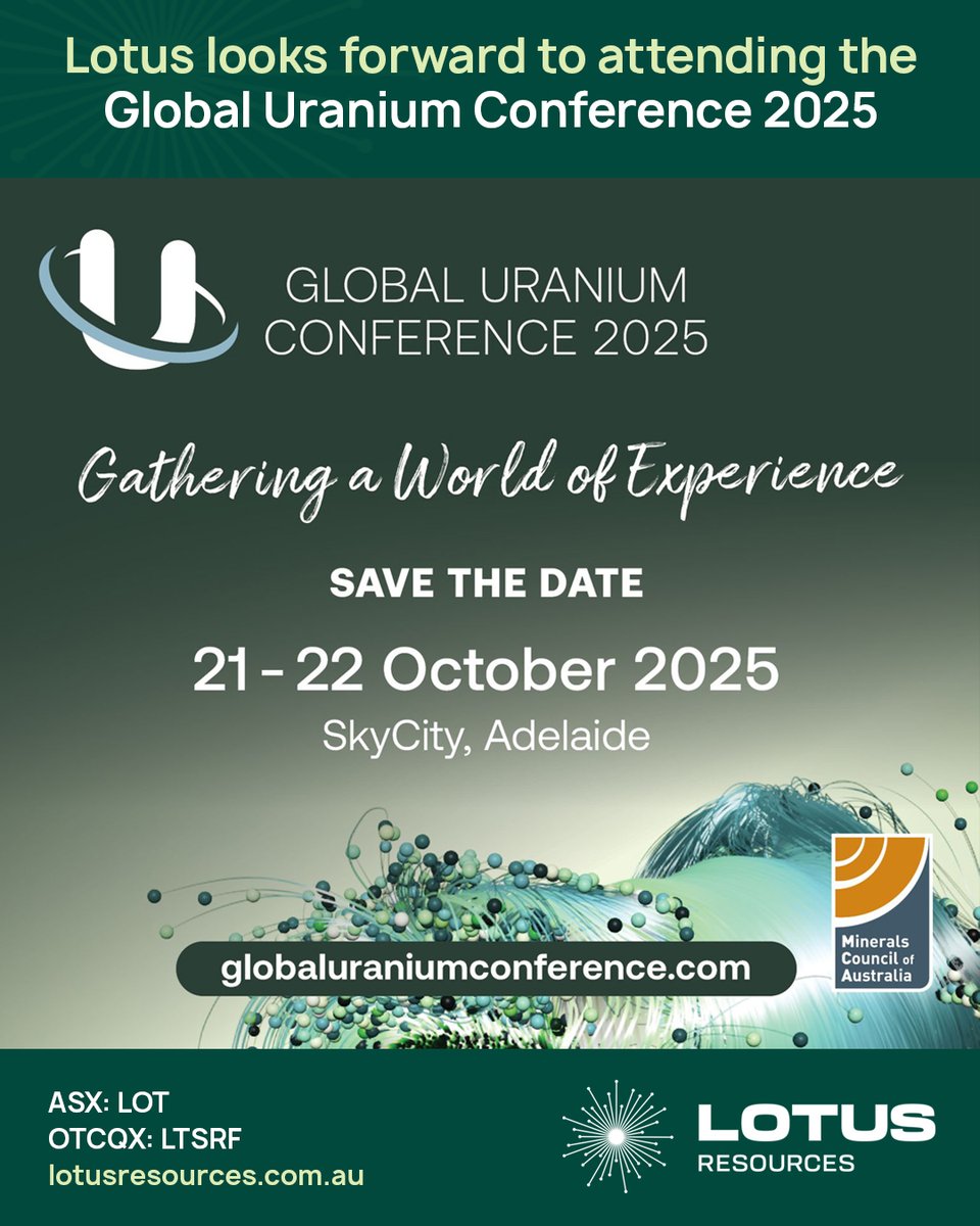 Lotus_Resources's tweet image. The Lotus Resources $LOT team, including Chief Commercial Officer and Company Secretary Hayden Bartrop and Group Manager Corporate Development and Investor Relations Martin Stulpner, will attend the upcoming Global #Uranium Conference in Adelaide. 

The two-day event, taking…