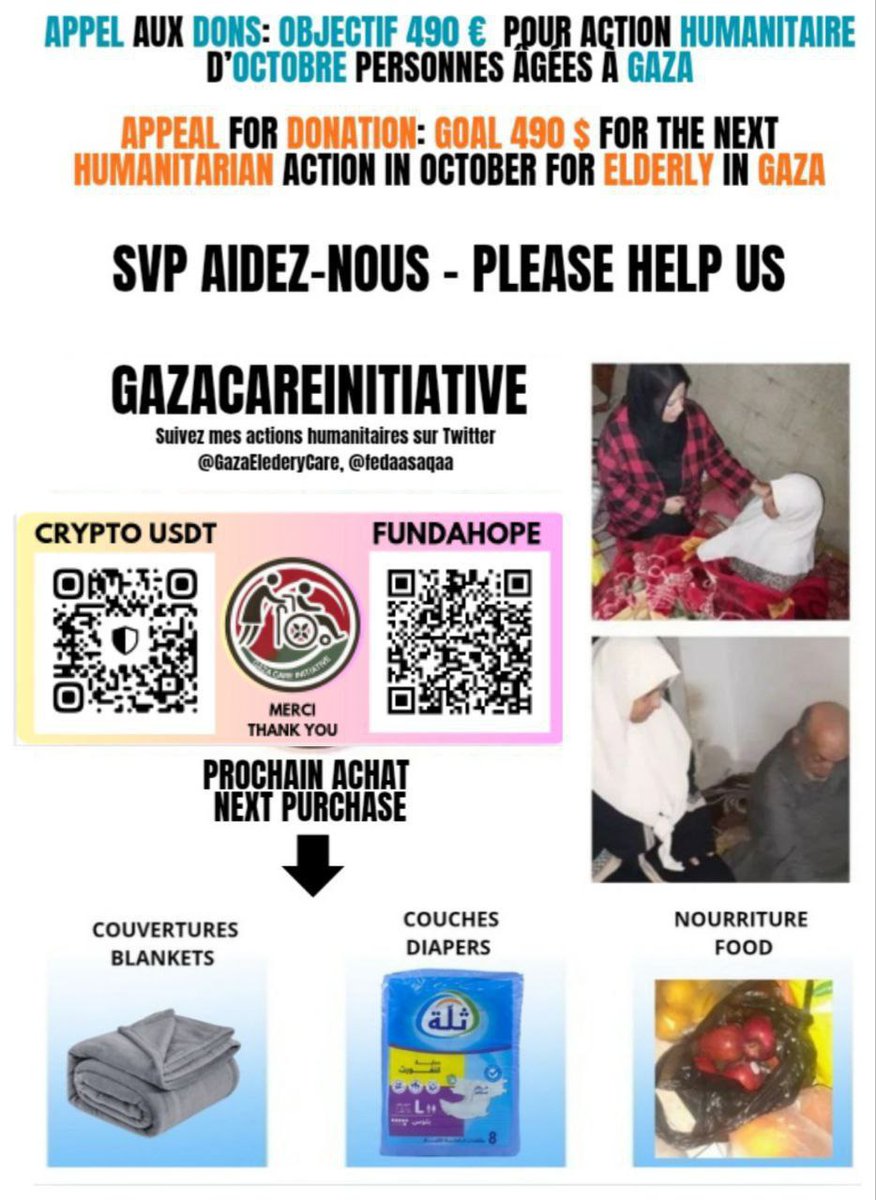 FedaaSaqaa's tweet photo. 🔴325$ restants. Nous remercions le dernier donateur. Nous comptons sur vous. S'il vous plaît, faites-leur sentir chaud. #Faites un don
via 
le lien ou CryptoIls vous enverront leurs prières🙏
✅️ Vous faites la différence
 @GazaElderlyCare 
⬇️
https://t.co/MBjBkccOl5… https://t.co/b25e3Oj2D5