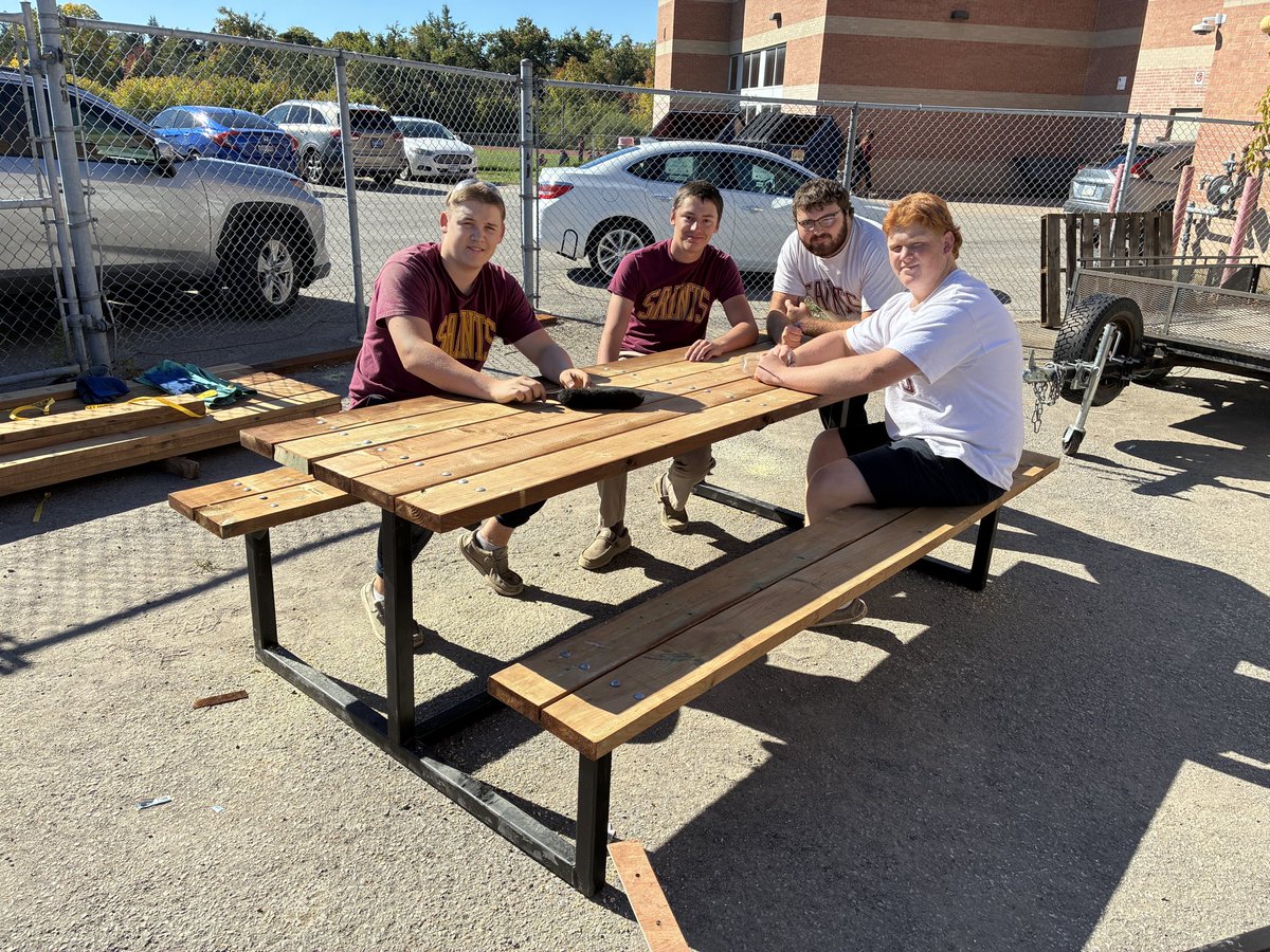 Here’s the first completed picnic table from the <a href="/StPeterCSS/">St. Peter's C.S.S.</a> Manufacturing shop, headed to the folks out at <a href="/StJosephDouro/">St. Joseph, Douro</a> and built by 3 former students (and an Ennismore buddy)!
