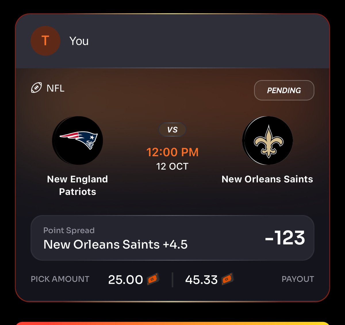 POTD: Saints +4.5

Take this on Rebet all the way to -127.

Text me “REBET” to 5122700440 to sign up for rebet and get 2 months free of VIP (legal in 46/50 states)