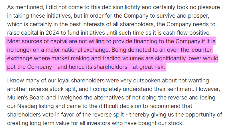 KendallP97's tweet photo. Here is @DavidMichery justifying $MULN / $BINI 3rd RS split in his letter to shareholders saying "Being demoted to an over-the-counter exchange where market making and trading volumes are significantly lower would put the Company - and hence its shareholders - at great risk. https://t.co/dfypP1AumN