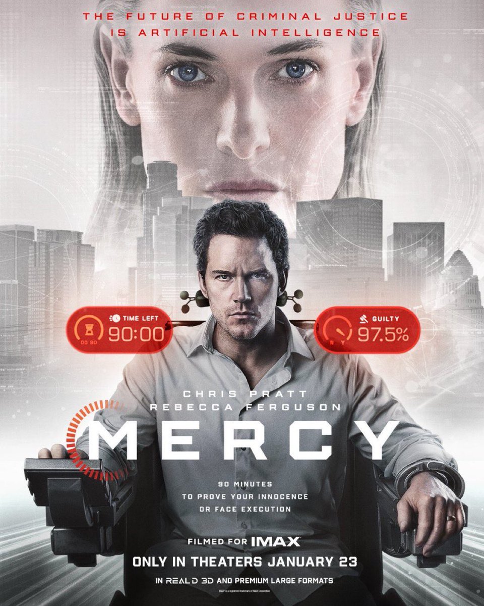 DiscussFilmtwt's tweet image. New poster for ‘MERCY,’ starring Chris Pratt.

The live Fathom event follows Chris Pratt trapped in a chair where he must prove to filmtwt in 90 minutes that he’s still funny and his whole Republican arc was just a bit.