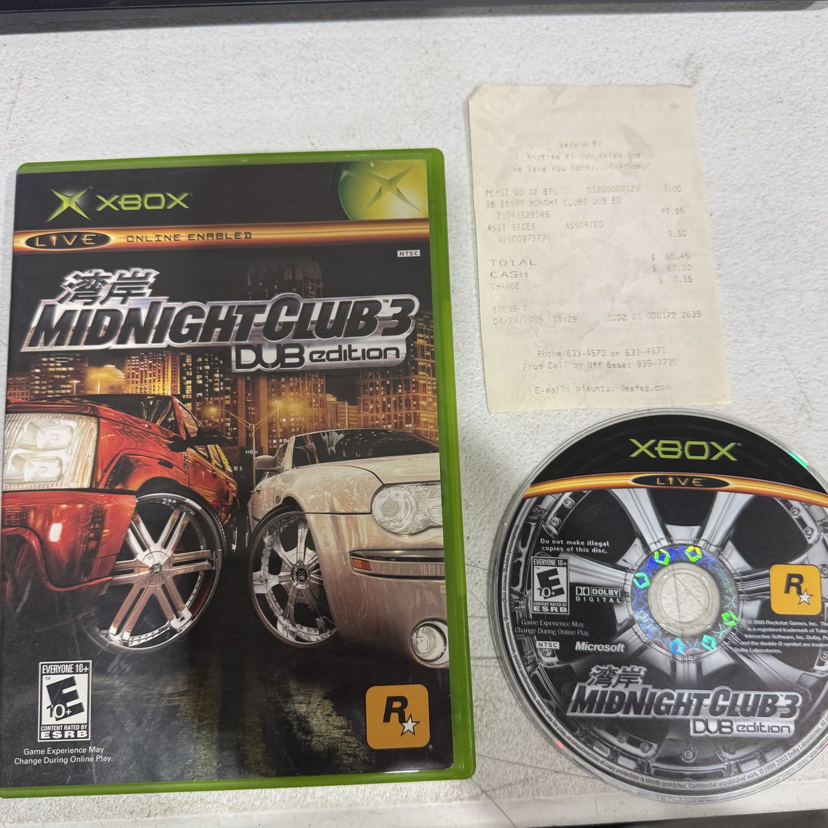 Midnight Club 3 with the original receipt! Check out that $1 Pepsi purchase!

•
•
•

#midnightclub #xbox #xbox360 #microsoft #rockstar #gta #manhunt #ps2 #playstation #pepsi #retrogaming #ps4 #vintagegames #nintendo #sega #gamecube #gameboy
