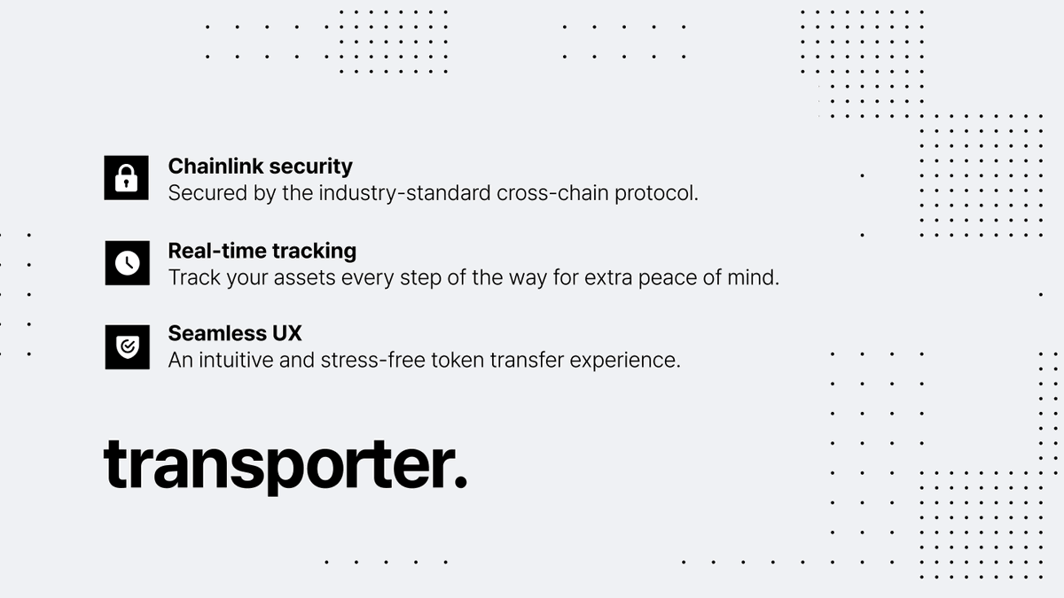bridging made easy with transporter.io

⬡ Chainlink security
ⴵ real-time tracking
○ seamless UX