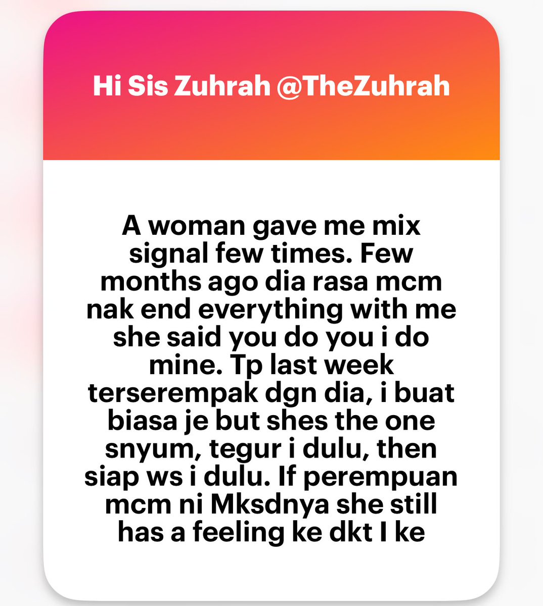 zuhrahx's tweet photo. Mixed Signal.

Tak kita lelaki/perempuan, kalau calon pasangan tu kerap bagi mixed signal; proceed with caution.
atau kalau korang prefer ketenangan selepas kawin; avoid.

Orang macam ni bukan setakat tak reti communicate, dorang tak tahu apa dorang nak.

#datingphase #How2SayIt https://t.co/i8QyMPytek