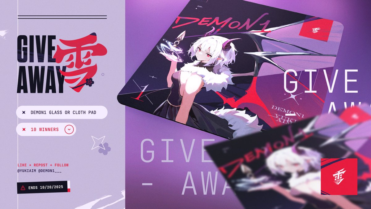 Demon1___'s tweet image. 🏅 Demon1 x Yuki Aim Giveaway 🏅 

10x Yuki Aim Demon1 Mousepads

To enter:
1️⃣ Follow  @Demon1___ + @YukiAim
2️⃣ Like + RT this tweet.

🏆  Ten Winners
🗓️ Ends October 20, 2025
