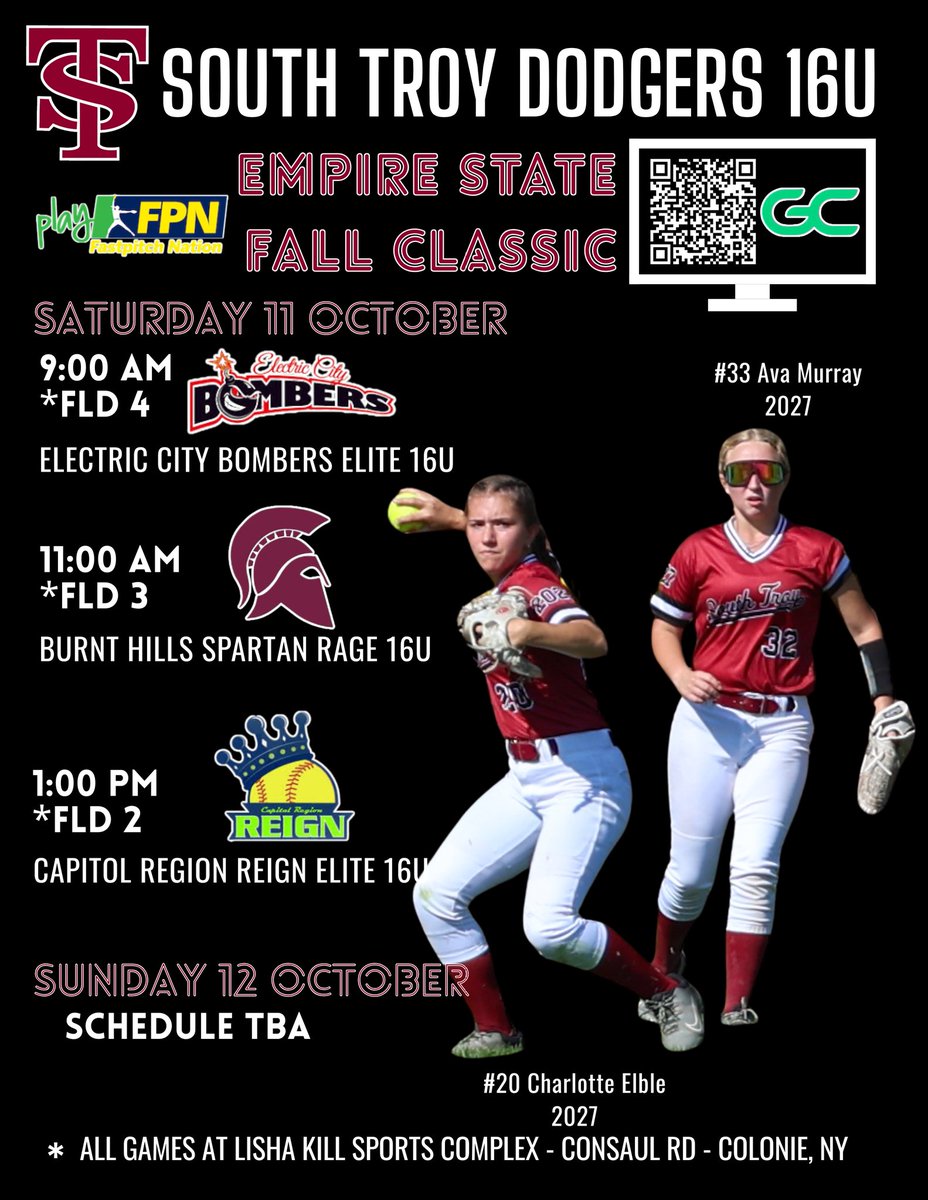Our 16u Dodgers play in Albany this wknd at the <a href="/playfpnct/">Fastpitch Nation</a> <a href="/CRReign/">CapitalRegionReign</a> Empire State Fall Classic! #YesMaam

<a href="/JadaBernacet/">JadaBernacet</a> <a href="/JaelBernacet/">JaelBernacet</a> <a href="/Kiannahuz/">Kianna</a> <a href="/charlotte_elble/">Charlotte Elble</a> <a href="/EdenElizabeth09/">Eden</a> <a href="/murray171091/">Ava Murray</a> <a href="/AnnaPatregnani/">Anna Patregnani</a>

🖥️ <a href="/GetGameChanger/">GameChanger</a>
 web.gc.com/teams/bcXBzA2S…