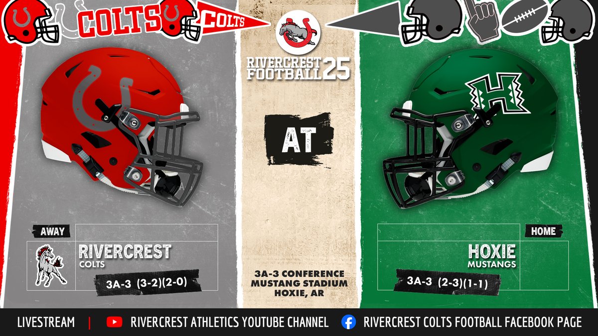 Rivercrest (3-2, 2-0) hits the road to face Hoxie (2-3, 1-1) in a key 3A-3 matchup at Mustang Stadium. The Colts lead the all-time series 11-2. Kickoff 7:00pm.

YouTube youtube.com/@rivercrestath…
Facebook facebook.com/RivercrestColt…