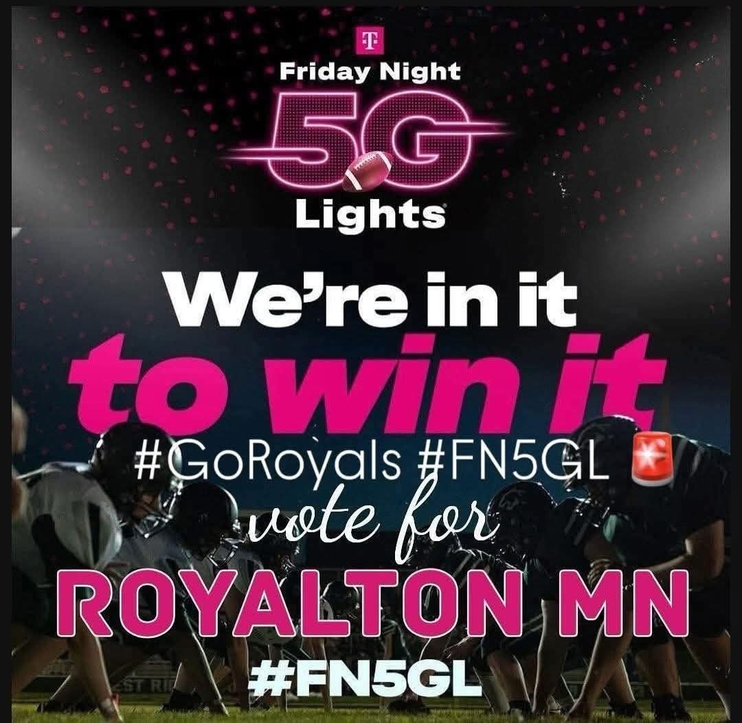 mary56340's tweet photo. Royalton High School needs your votes! We are a finalist in T-Mobile's FN5GL contest. Please help us win! Every vote makes a difference! Go Royals!! @tmobile @Royalsfootball2  #FN5GL #contest #sweepstakes https://t.co/9LqcU5I3RN