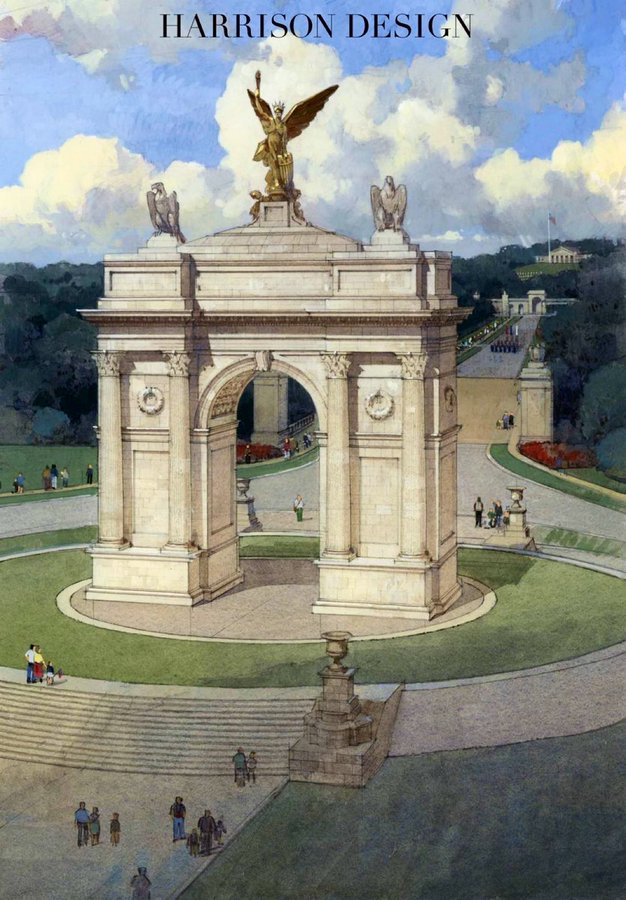 Grand stone archway with neoclassical columns and decorative elements, topped by a central golden statue of winged figure flanked by two smaller ones, surrounded by manicured green lawns, pathways with walking people in period attire, flower beds, urns, and a distant white building with columns under a blue sky with clouds. Harrison Design watermark appears in the lower right corner.