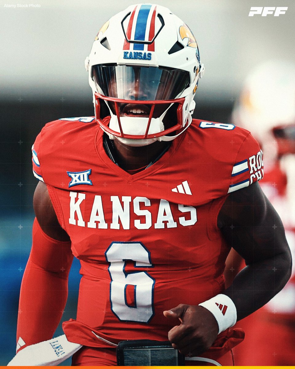 PFF_College's tweet image. Kansas QB Jalon Daniels on Play Action Passes:

🔵 95.0 PFF Grade (1st)
🔵 80% Completion Rate (2nd)
🔵 929 Pass Yards (2nd)
🔵 13 TDs | 0 INTs (1st)
🔵 158.3 Passer Rating (1st)

@KU_Football