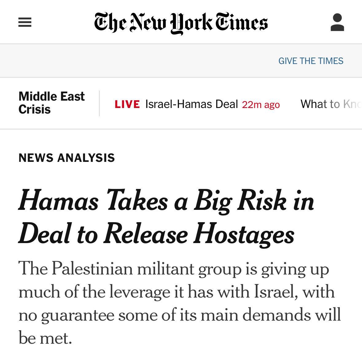 Manchete tenebrosa do New York Times: 

“Hamas assume grande risco em acordo para libertar reféns”. 

Matéria trata terroristas como “grupo militante” que perde vantagem sobre Israel, sem garantir contrapartidas.

Soa como alerta e preocupação.

Textos assim naturalizam o terror.