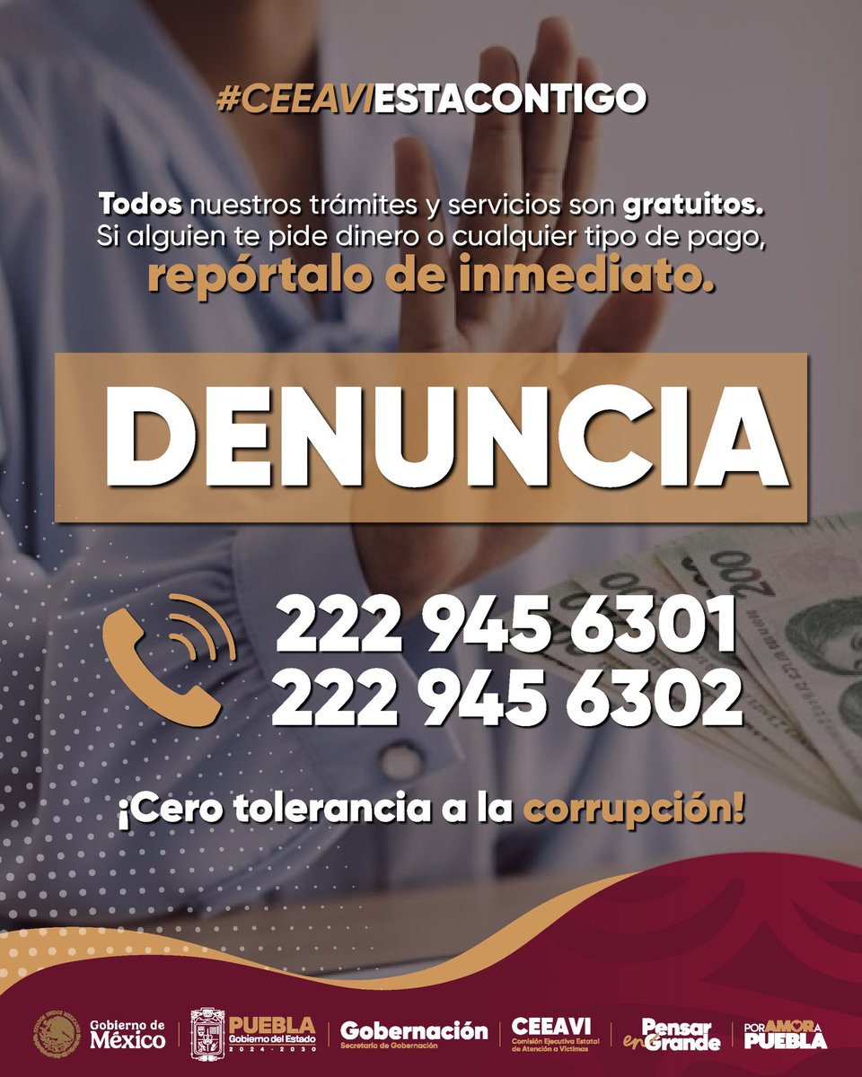 #PorAmorAPuebla, ¡cero tolerancia a la corrupción! Recuerda que todos nuestros trámites y servicios son completamente gratuitos. Si alguien te solicitar cualquier tipo de pago, denuncia. 

Construimos un gobierno más justo, ético y cercano a la gente. #PensarEnGrande