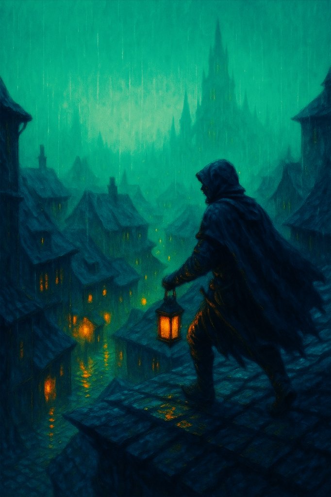 I don’t look for shelter anymore. The roofs are enough...the rain, the height, the hum of a city that forgot to need me. I hesitate for a moment. Is there something else out there?

#PulpFable #digitalart #art #fantasyart