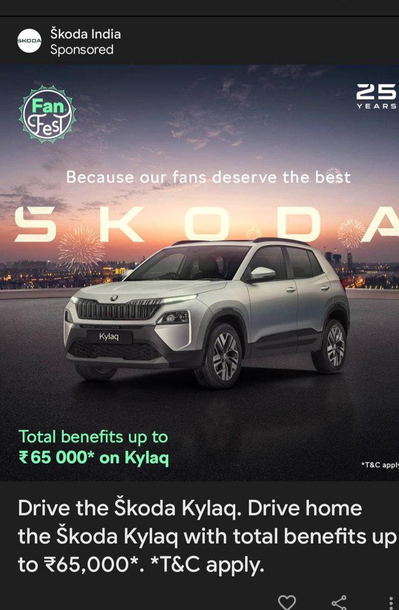 tomjm1's tweet photo. @SkodaIndia None of the dealers are offering 65000/- discount on Kylaq in October. Can you share the break of the 65000/- offer as mentioned in this advertisement? https://t.co/dxSj720dbK