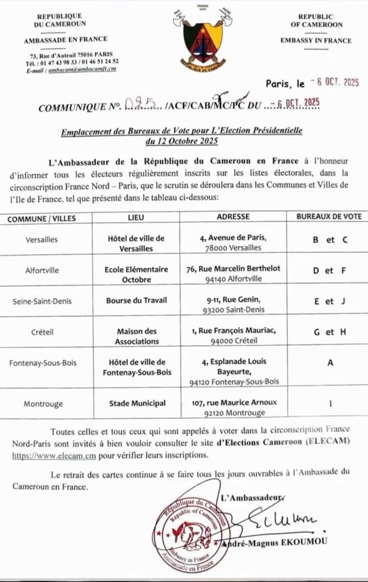 Those in France, you won’t be voting at the Embassy, here at the polling centers across France. Please check your center and confirm ahead of time.

Kindly share