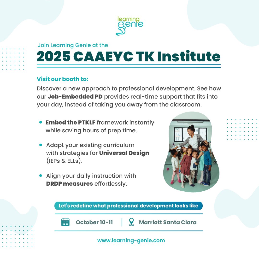 LearningGenie's tweet image. Heading to the CAAEYC TK Institute tomorrow?

Let&apos;s redefine PD! Visit the Learning Genie booth to see how our Job-Embedded PD helps you embed PTKLF, adapt curriculum &amp;amp; align to DRDP—all while fitting into your day. See you there!

#LearningGenie #CAAEYC #PD #TK
