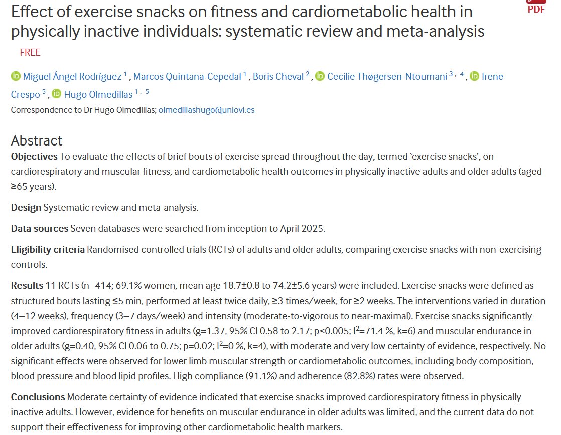 Effect of exercise snacks on fitness and cardiometabolic health in physically inactive individuals: systematic review and meta-analysis

bjsm.bmj.com/content/early/…