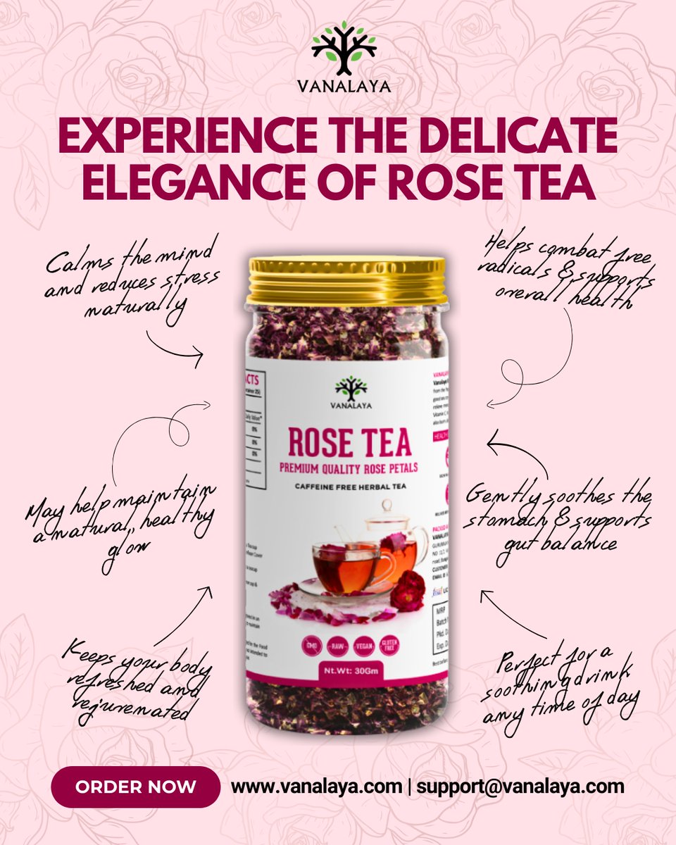 VanalayaShop's tweet image. Enjoy the calm and sweet smell of Vanalaya Rose Tea. Made from premium rose petals, it calms your mind, refreshes your body, and supports healthy, glowing skin naturally.

👉 Order now at vanalaya.com

#vanalaya #rosetea #herbaltea #caffeinefree #naturaltea #teaproduct