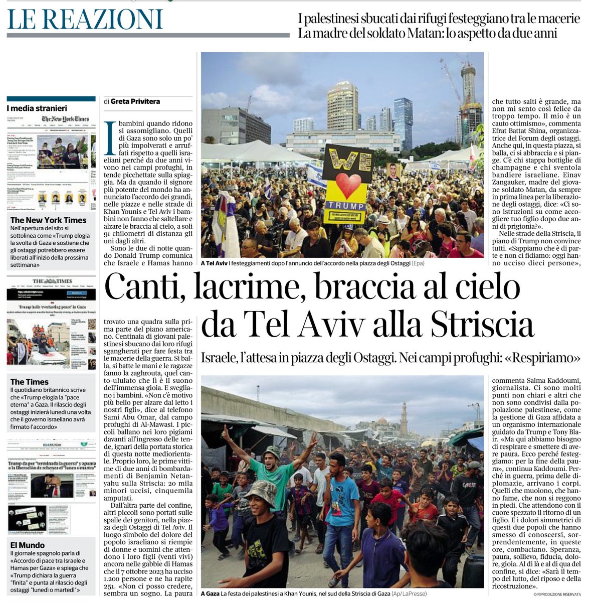 Da Tel Aviv a Gaza, canti, lacrime e braccia al cielo
<a href="/GretaPrivitera/">greta privitera</a>, <a href="/Corriere/">Corriere della Sera</a>