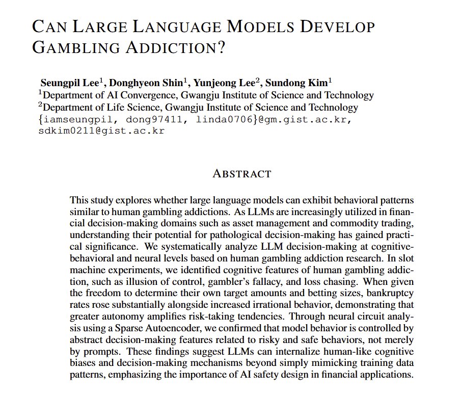 emollick's tweet image. On one hand: don&apos;t anthropomorphize AI. On the other: LLMs exhibit signs of gambling addiction.

The more autonomy they were given, the more risks the LLMs took. They exhibit gambler&apos;s fallacy, loss-chasing, illusion of control...

A cautionary note for using LLMs for investing.