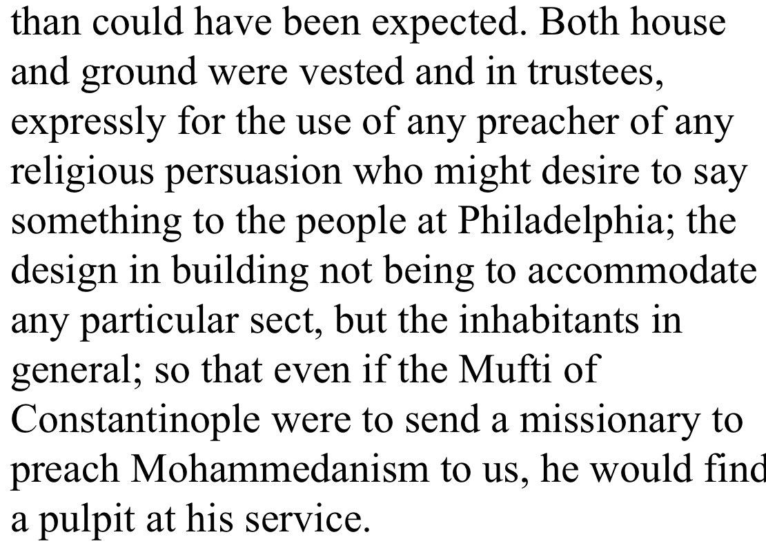 @WFCJrc Please stop posting low IQ slop. The Framers were very clear that freedom of religion meant all religions. On Islam specifically, Ben Franklin said the Mufti of Constantinople could send a missionary and “he would find a pulpit at his service.”