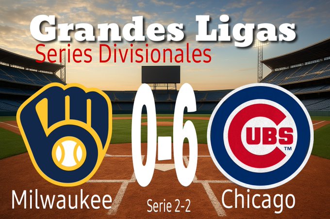 Graphic displays Milwaukee Brewers logo on left and Chicago Cubs logo on right with scoreboard showing 0-6 score. Text overlay reads Grandes Ligas Series Divisionales at top and Serie 2-2 below. Background features baseball stadium at sunset with field and lights visible.