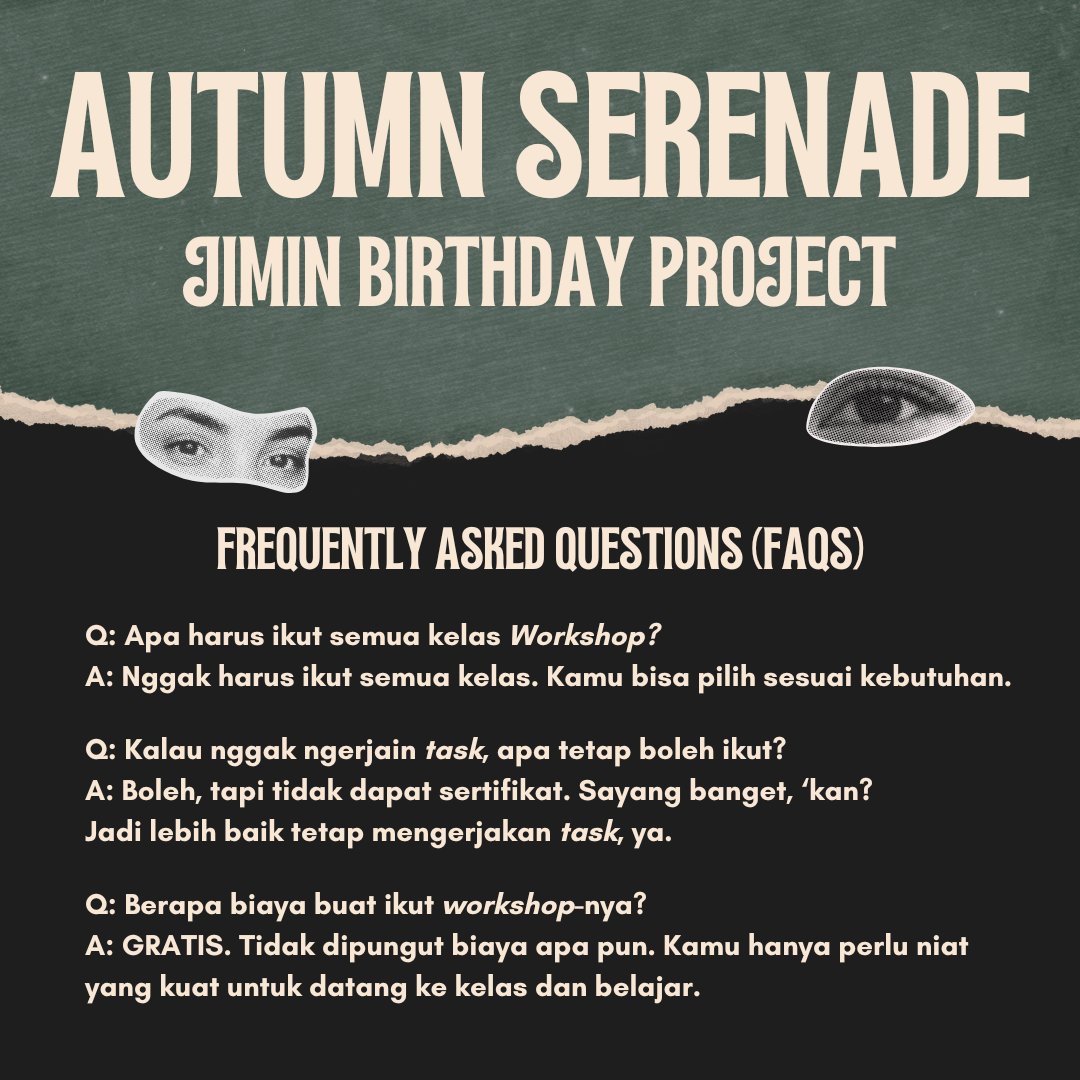 BangsalAksara's tweet photo. ✨FAQs Autumn Serenade✨

Punya pertanyaan tentang Workshop kepenulisan di project Autumn Serenade? Cek poster ini! 😍
Siapa tau sudah terjawab di sini 😘

Tapi kalau ada pertanyaan lain, komen aja, ya! Biar bisa admin jawab di quote, dan bisa dibaca teman-teman lain 💜 https://t.co/ACgDZIjTMc