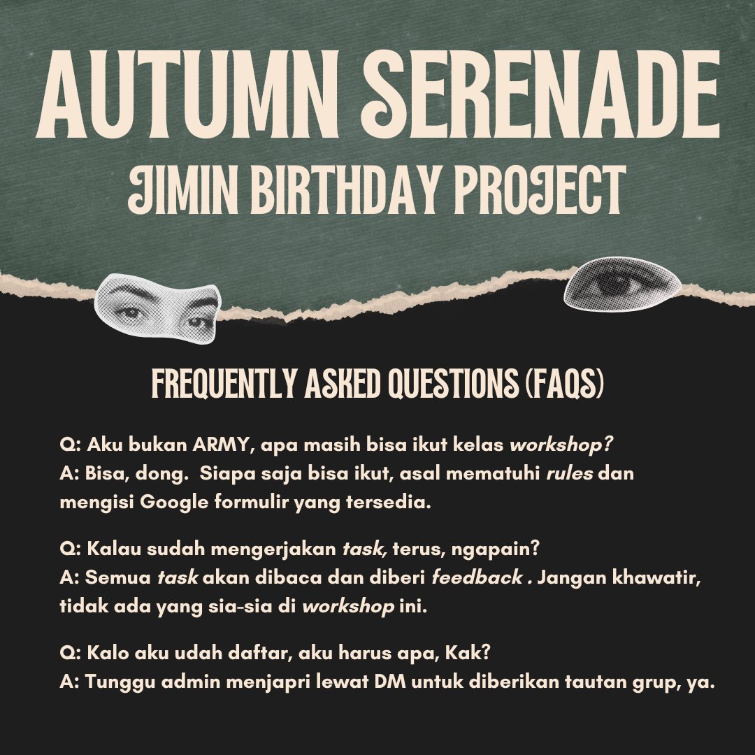 BangsalAksara's tweet photo. ✨FAQs Autumn Serenade✨

Punya pertanyaan tentang Workshop kepenulisan di project Autumn Serenade? Cek poster ini! 😍
Siapa tau sudah terjawab di sini 😘

Tapi kalau ada pertanyaan lain, komen aja, ya! Biar bisa admin jawab di quote, dan bisa dibaca teman-teman lain 💜 https://t.co/ACgDZIjTMc