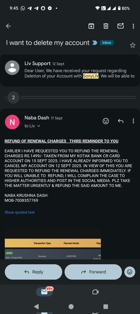 NKDASH's tweet photo. @SonyLIV immediately refund as I have already given request for cancellation before hand yet you have charged me for Rs 1499.

Id- 7008357769 https://t.co/QtmJyCFgLP