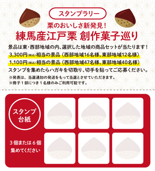 ✨🌰練馬産江戸栗 創作菓子巡りスタンプラリー開催中🌰✨

練馬江戸栗プロジェクト運営委員会が主催のスタンプラリーに当店も参加しております‼️

11月30日(日)までの期間中、1,000円以上のお買い物をされた方にスタンプ1個押印⭕️
スタンプを3個以上の応募抽選で「参加店舗の商品セット」が当選🎁
↓