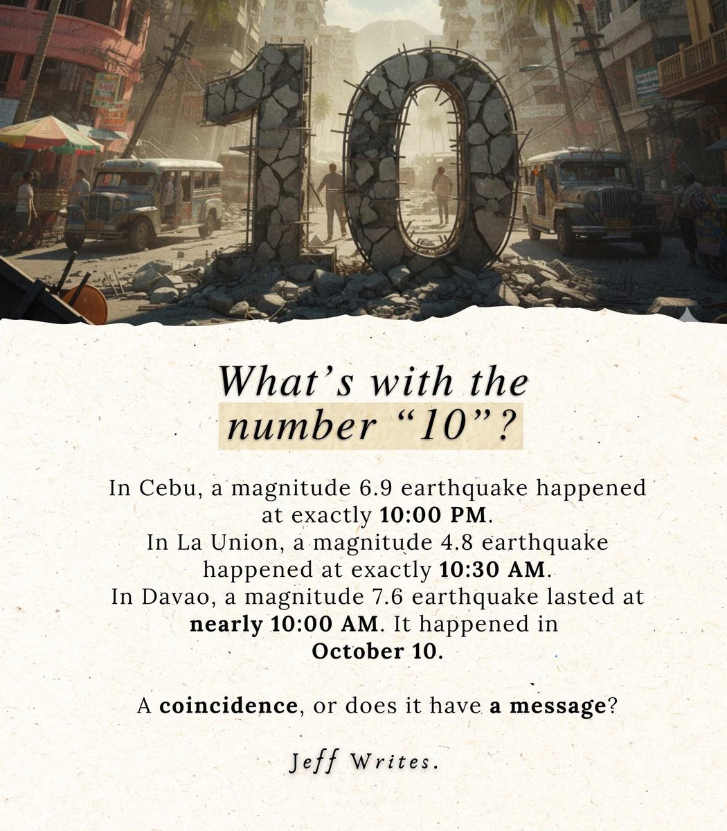 Reminder 🙏🏻

The ground may shake, but our faith must not be.  

#lindol #LindolPH #earthquake

Three different earthquakes. Three different places. Almost same  number of the time it happened. Is there a message behind the numbers?

In the Bible, the number 10 often symbolizes
