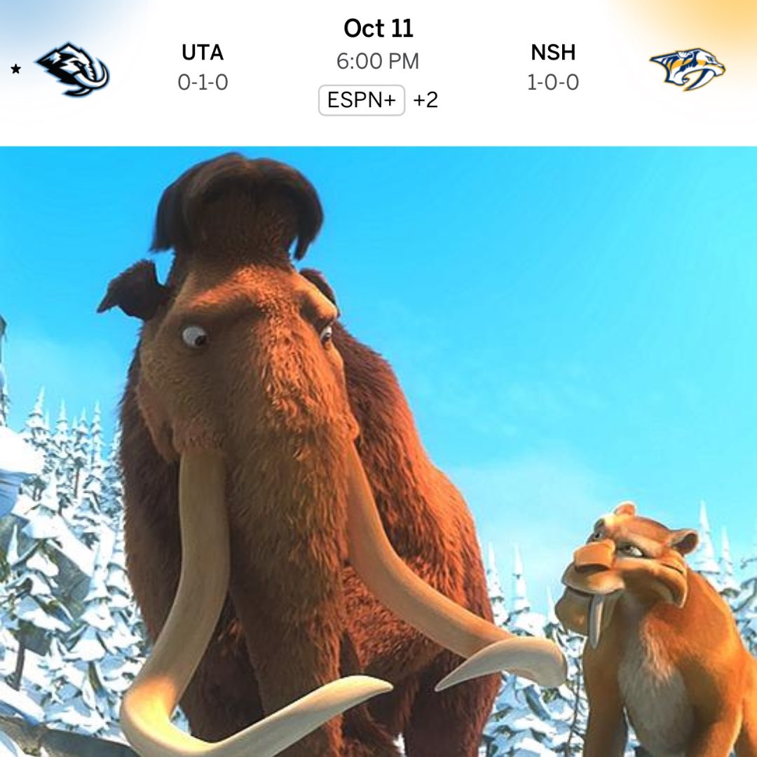 Saturday, October 11th. The first ever “Ice Age” game. Mammoth vs Predators. Manny vs Diego. Ray Romano vs Dennis Leary.

Can’t wait.😤🦣 #TusksUp