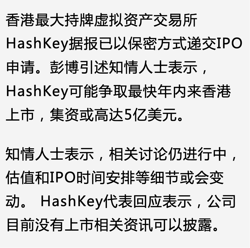 彭博独家消息，香港合规所Hashkey 已保密方式递交IPO 申请，争取今年在香港完成上市，计划再募资5 亿美金。 此前Hashkey 的最后一轮估值为