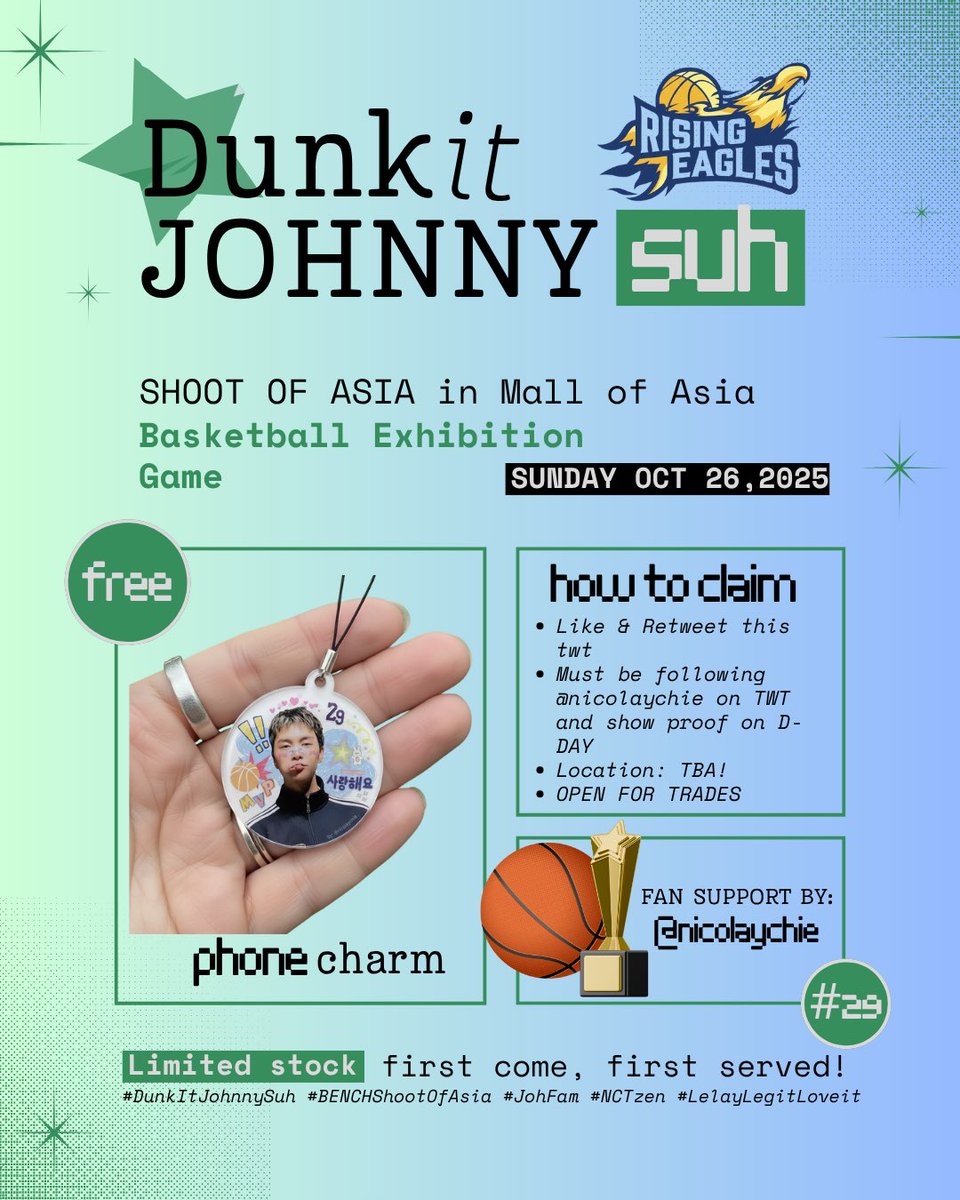 nicolaychie's tweet photo. 📣 JOHFAM, it’s game time!
fan support by: @nicolaychie 

see you on D-DAY johfam! let’s show our support for 자니 🫶🏻

🌱 1:1 ratio only
🔗 Follow, RT the post, and show proof on D-Day!
📍 Location: TBA!

#DunkItJohnnySuh #BENCHShootOfAsia #JohFam #NCTzen https://t.co/uNesQo244v