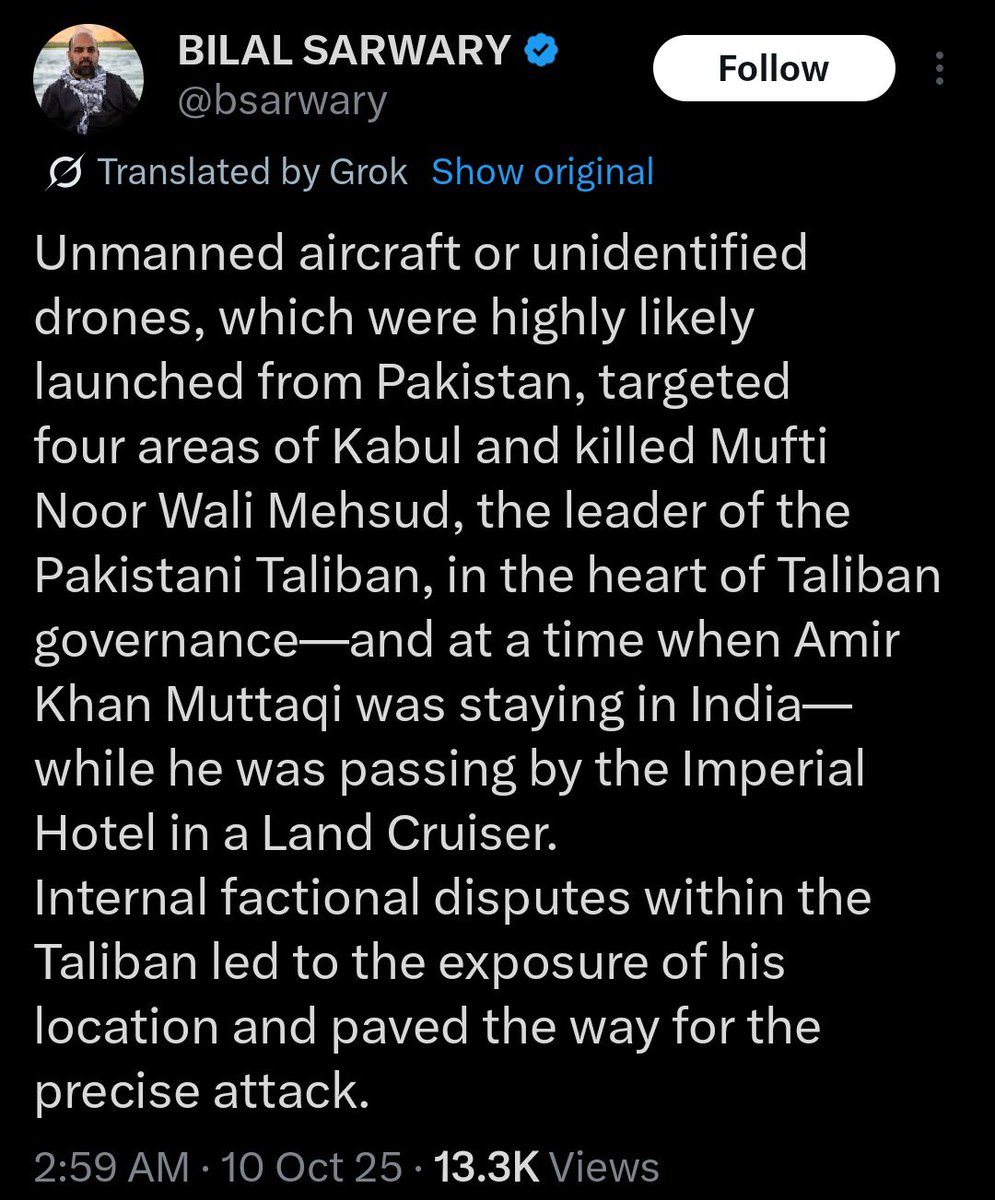 NaghmaTaji18784's tweet image. 🚨BREAKING: Top Afghan journalist confirms Pakistan has eliminated the TTP chief in a precision strike in Kabul. Major blow to the UN-designated terror group.
#TTP #Kabul #Pakistan #viral #CounterTerrorism #sstvi #maisonmargiela #Crypto #LingOrm
